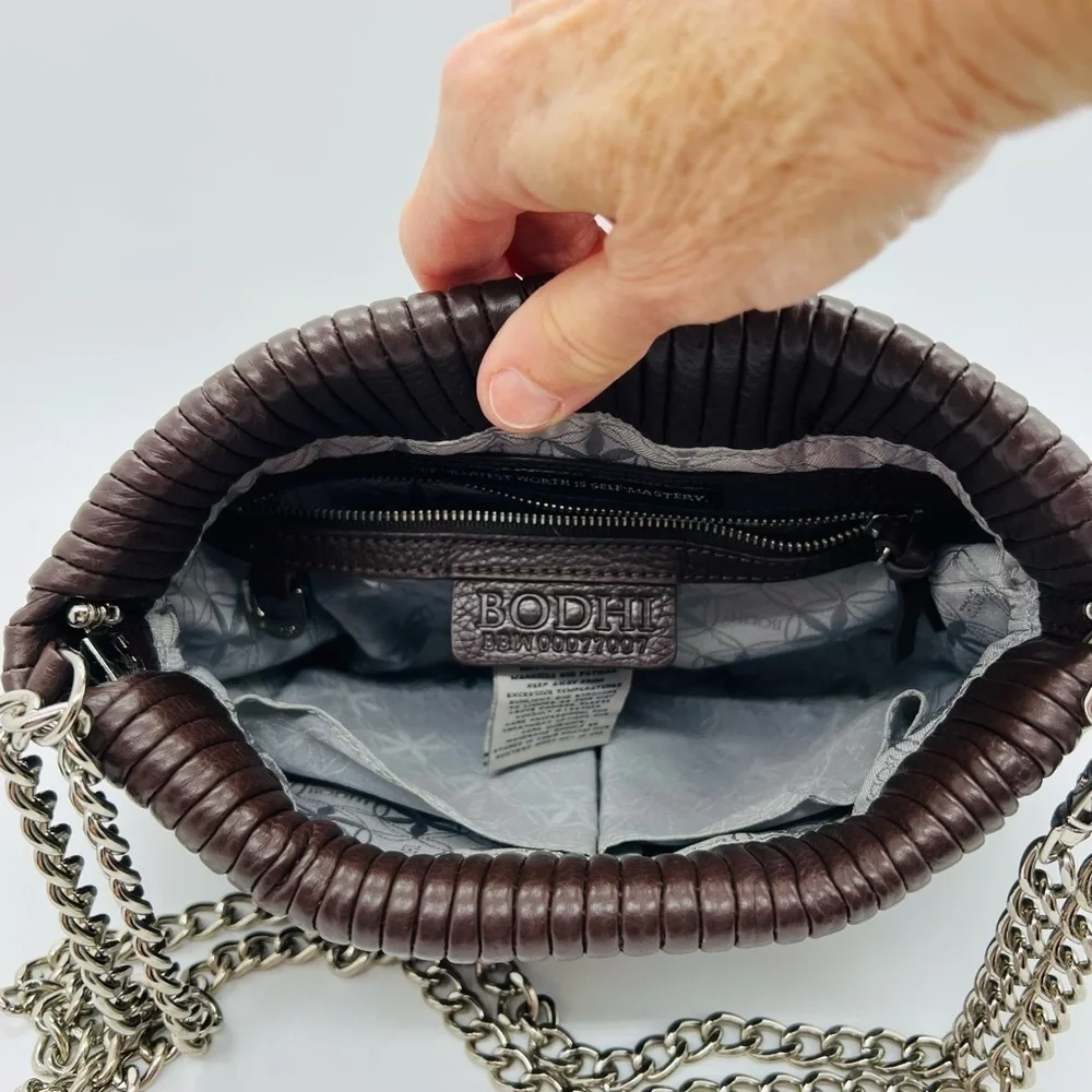 BODHI BROWN PEBBLED LEATHER SHOULDER BAG OR CLUTCH WITH SILVER CHAIN STRAPS